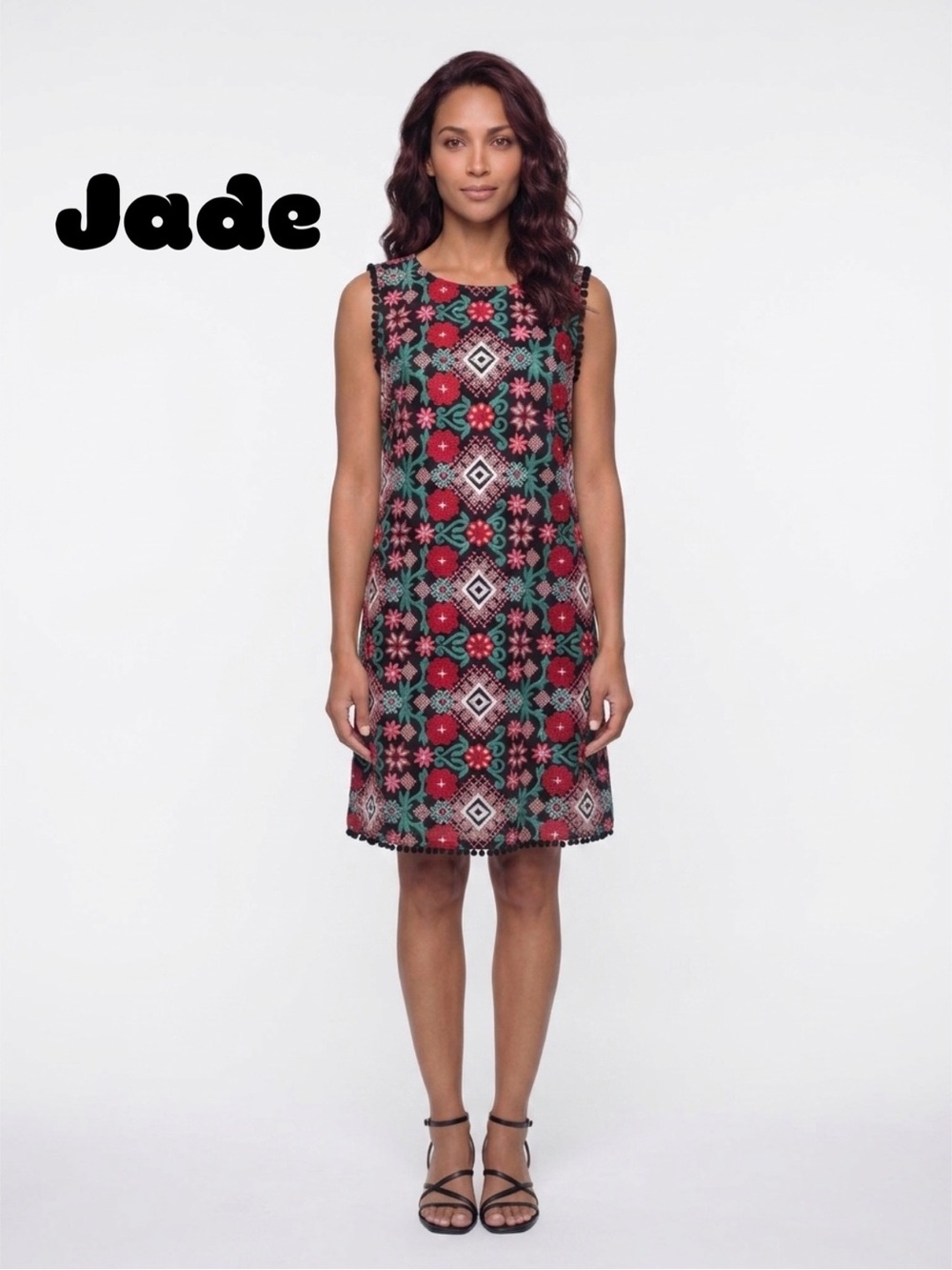 Jade Black Mini Dress with Red & Green Floral Mosaic